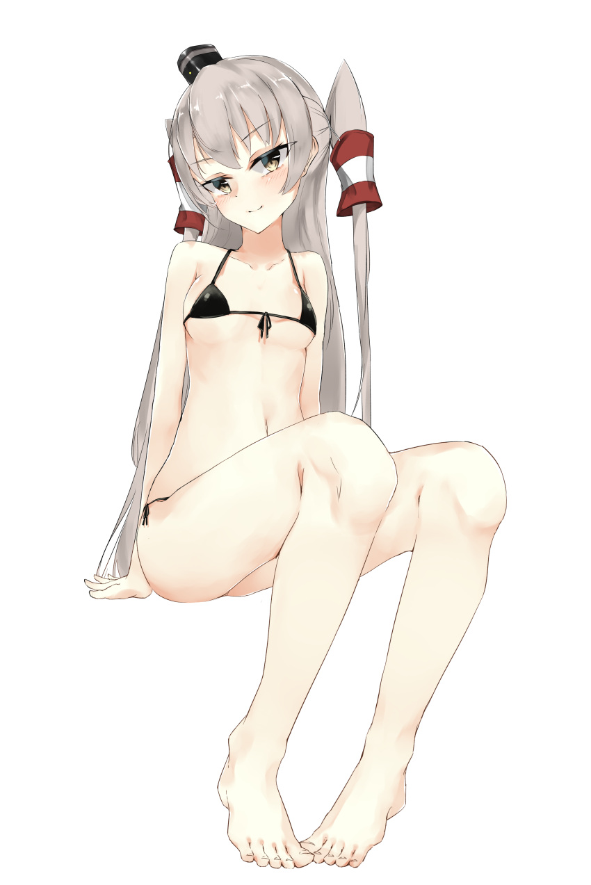 1girl absurdres alternate_costume amatsukaze_(kantai_collection) arm_support artist_request bare_arms bare_legs bare_shoulders barefoot bikini black_bikini breasts collarbone feet from_below front-tie_top hair_tubes highres kantai_collection long_hair pureko pureko_(pureko93) side-tie_bikini silver_hair small_breasts smile solo swimsuit thighs toes tsurime two_side_up windsock yellow_eyes
