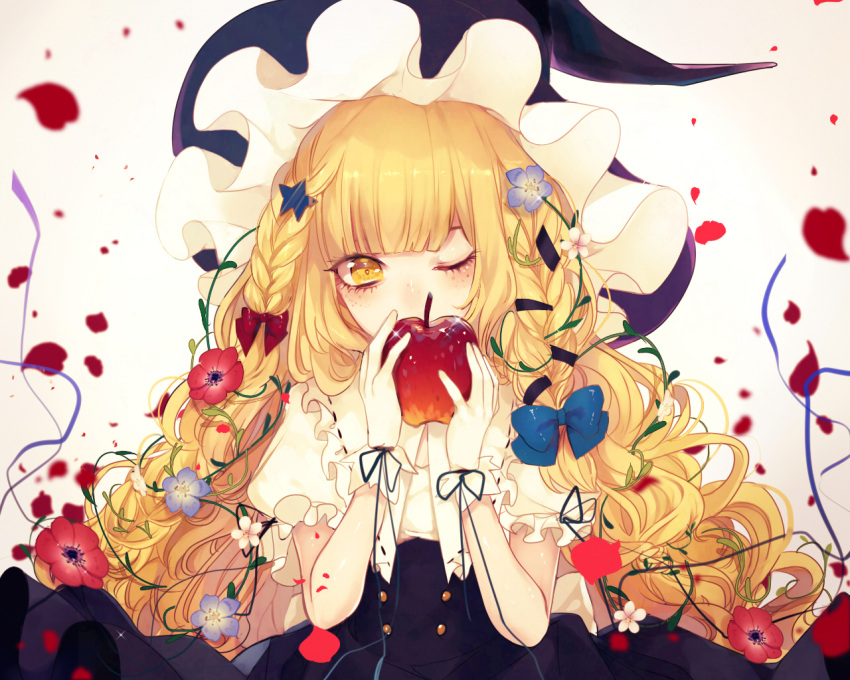 1girl apple bad_apple!! bangs black_skirt blonde_hair blue_bow blue_flower blunt_bangs blurry bow braid covering_mouth daimaou_ruaeru depth_of_field eyelashes flower food frilled_sleeves frills fruit gloves hair_bow hair_flower hair_ornament hairclip hat high-waist_skirt holding holding_fruit kirisame_marisa lens_flare long_hair looking_at_viewer one_eye_closed petals plant poppy_(flower) puffy_short_sleeves puffy_sleeves red_bow red_flower ribbon ribbon-trimmed_clothes ribbon_trim shirt short_sleeves side_braid skirt solo sparkle star star_hair_ornament touhou upper_body vines vinese wavy_hair white_flower white_gloves white_shirt witch_hat yellow_eyes
