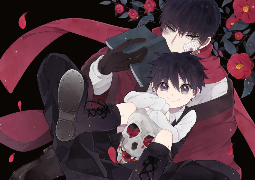 2boys bandage black_boots black_gloves black_hair blue_eyes blush book boots camellia_(flower) cross-laced_footwear dress_shirt flower gloves highres holding holding_book knee_boots konkichi_(flowercabbage) lace-up_boots long_sleeves looking_at_viewer male_focus mononobe_kosho-ten_kaikitan mononobe_koshoten_kaikitan mononobe_shoutarou multiple_boys original pants petals red_scarf scarf shiro_(mononobe_kosho-ten_kaikitan) shiro_(mononobe_koshoten_kaikitan) shirt shorts skull smile violet_eyes white_shirt