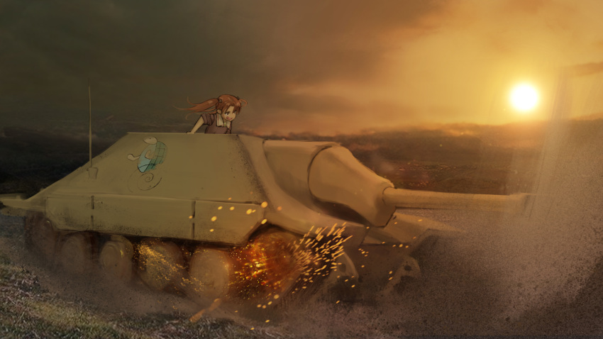 1girl blue_jacket brown_hair driving dust_cloud emblem female girls_und_panzer grin ground_vehicle hair_ribbon hettsuaa highres jacket jagdpanzer_38(t) kadotani_anzu long_hair long_sleeves military military_uniform military_vehicle motor_vehicle outdoors ribbon sky sleeves_rolled_up smile solo sparks sunset tank turtle twintails uniform