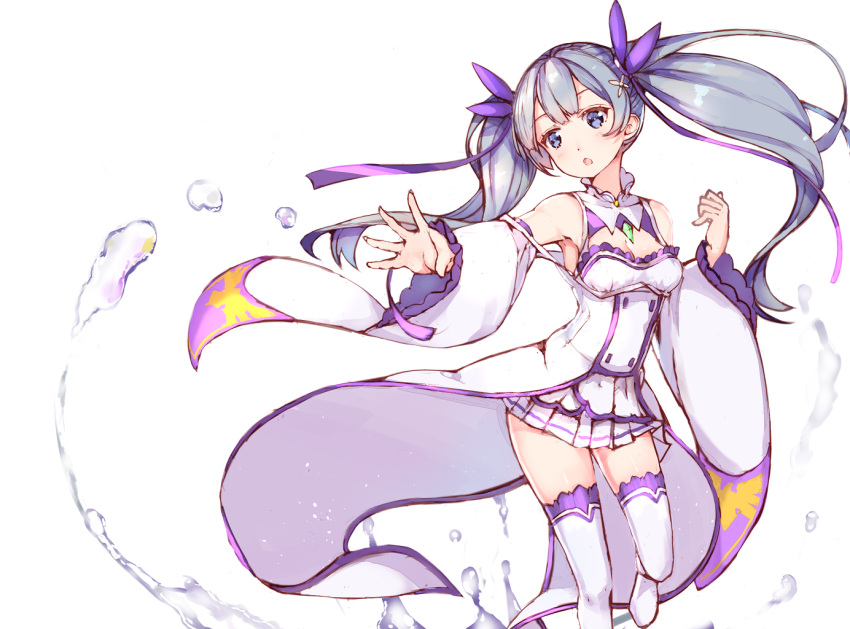 1girl :o bangs blue_eyes blue_hair boots breasts cleavage cosplay crystal emilia_(re:zero) emilia_(re:zero)_(cosplay) flower hair_flower hair_ornament hair_ribbon hatsune_miku head_tilt long_hair magic outstretched_arm overskirt palms pleated_skirt purple_ribbon re:zero_kara_hajimeru_isekai_seikatsu ribbon simple_background skirt solo strap_slip thigh-highs twintails underbust vocaloid water white_background white_boots wide_sleeves z_shichao