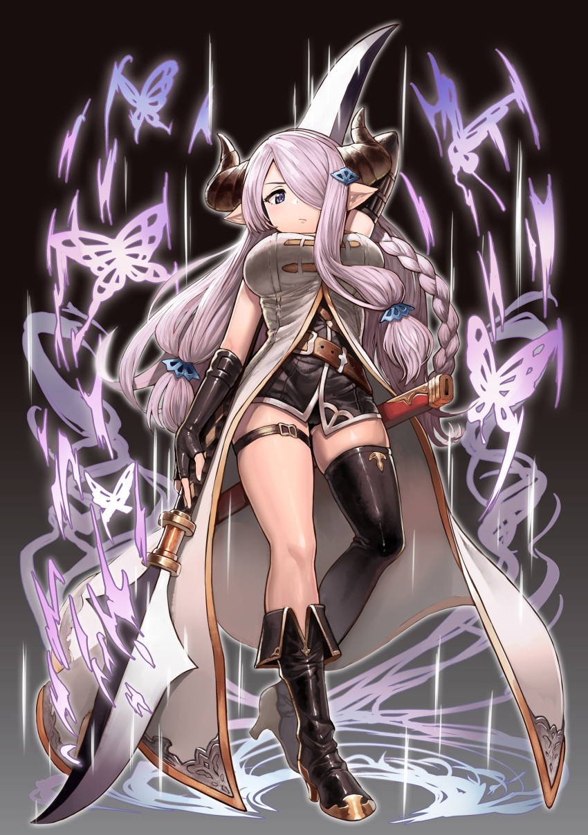 1girl arm_up asymmetrical_legwear belt belt_buckle black_background black_boots black_gloves black_panties blue_eyes boots breasts buckle butterfly closed_mouth coat doraf double-blade elbow_gloves expressionless fingerless_gloves from_below full_body gloves granblue_fantasy hair_ornament hairclip highres holding holding_weapon horns knee_boots large_breasts long_hair low_twintails magic narumeia_(granblue_fantasy) omaru_gyuunyuu panties pantyshot pantyshot_(standing) pink_hair pointy_ears simple_background single_thigh_boot skindentation solo standing thigh-highs thigh_boots thigh_strap twintails underwear very_long_hair weapon white_coat
