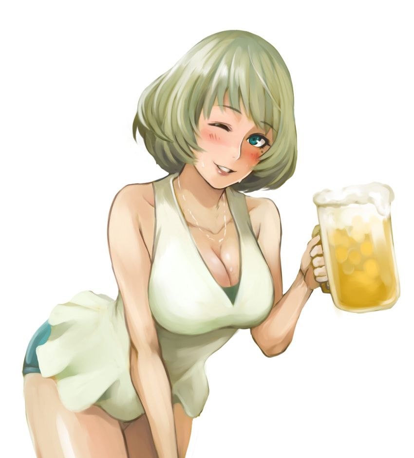 1girl alcohol bare_shoulders beer beer_mug blue_shorts blush breasts brown_hair cleavage collarbone cowboy_shot dress green_eyes halterneck head_tilt highres holding idolmaster idolmaster_cinderella_girls jewelry large_breasts leaning_forward looking_at_viewer mole mole_under_eye necklace one_eye_closed parted_lips shibusun short_hair shorts smile solo takagaki_kaede white_background white_dress