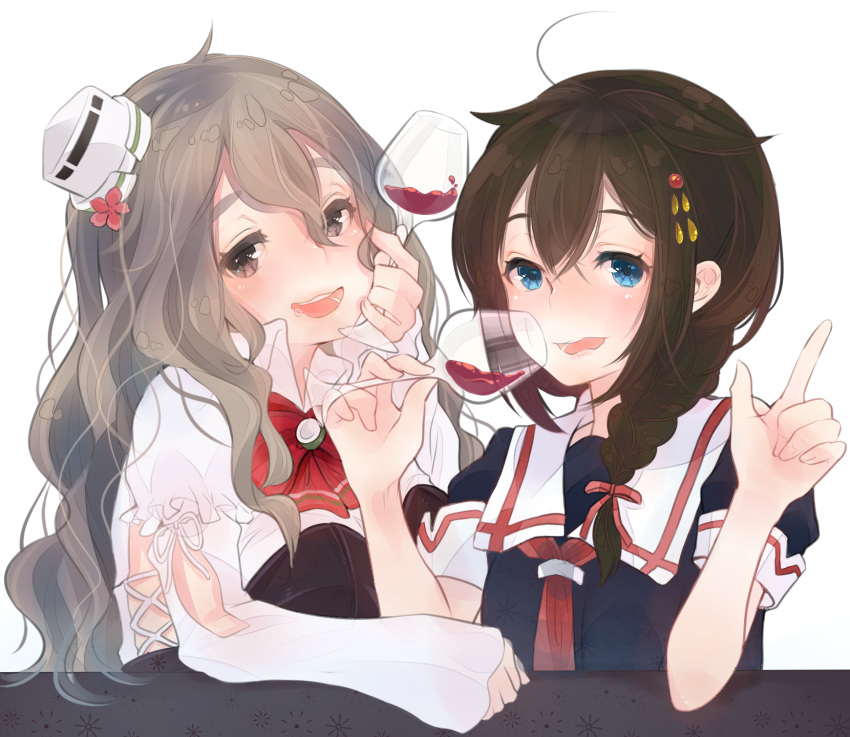 2girls ahoge black_shirt blue_eyes blush bow braid brown_hair cointreau cup drinking_glass drunk grey_eyes grey_hair hair_between_eyes hat head_tilt highres holding_glass index_finger_raised kantai_collection long_hair looking_at_viewer multiple_girls neckerchief nose_blush open_mouth pola_(kantai_collection) red_bow red_ribbon ribbon sailor_collar saliva shigure_(kantai_collection) shirt short_sleeves simple_background sitting sleeves_past_wrists upper_body wavy_hair white_background white_hat wine_glass