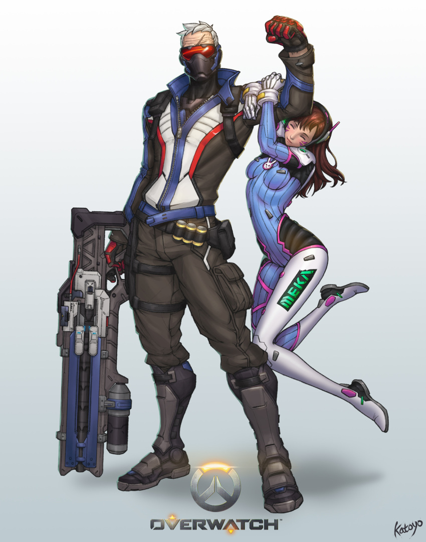 1boy 1girl ^_^ arm_hug battle_rifle belt_pouch bodysuit brown_hair closed_eyes d.va_(overwatch) explosive flexing grenade grey_hair gun headphones height_difference highres jacket katoyo85 lifting_person manly mask overwatch pilot_suit pose rifle scar smile soldier:_76_(overwatch) weapon zipper