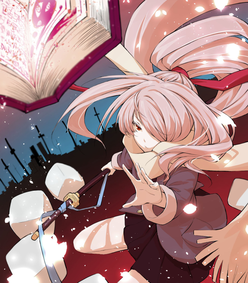 1girl :/ black_skirt blue_ribbon book closed_mouth coat hair_over_one_eye hair_ribbon highres holding holding_sword holding_weapon katana long_hair long_sleeves noraico open_book original pink_hair pleated_skirt ponytail red_ribbon ribbon scarf sheath sheathed skirt solo sword weapon white_scarf
