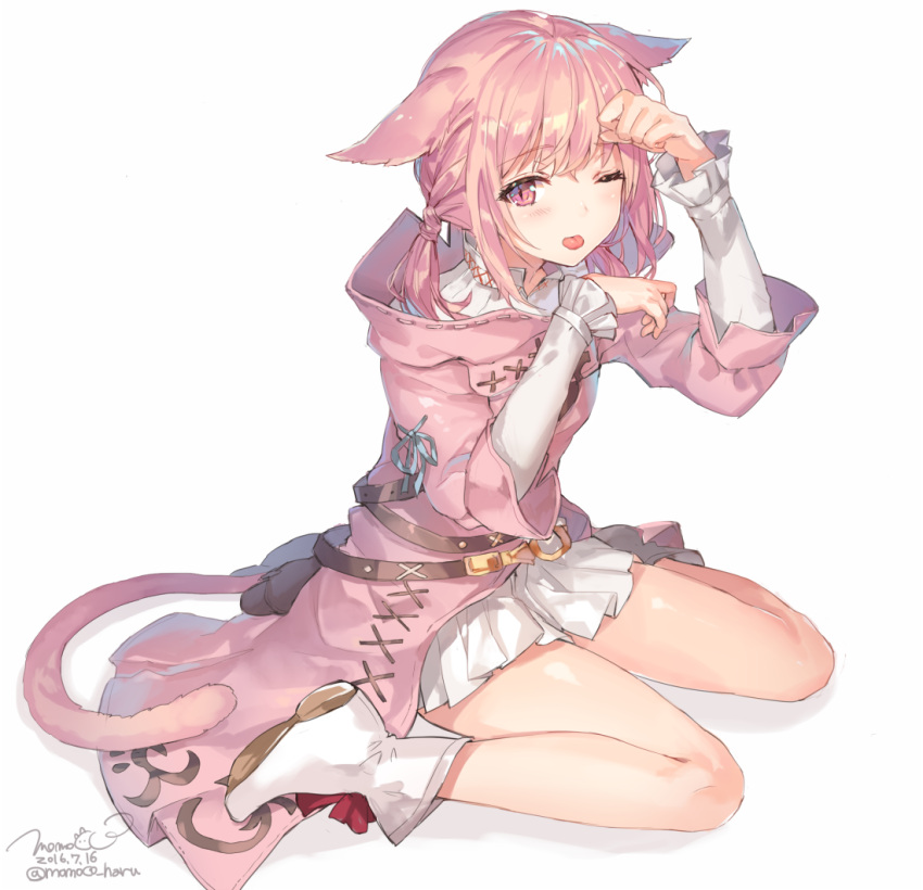 1girl 2016 ;p animal_ears bangs blush boots braid cat_ears cat_tail commentary_request dated ears_down eyebrows eyebrows_visible_through_hair final_fantasy final_fantasy_xiv looking_at_viewer miqo'te momoko_(momopoco) one_eye_closed paw_pose pink_clothes pink_eyes pink_hair ribbon-trimmed_clothes ribbon_trim robe seiza shiny shiny_skin simple_background sitting skirt slit_pupils solo tail tareme tongue tongue_out twitter_username wariza white_background