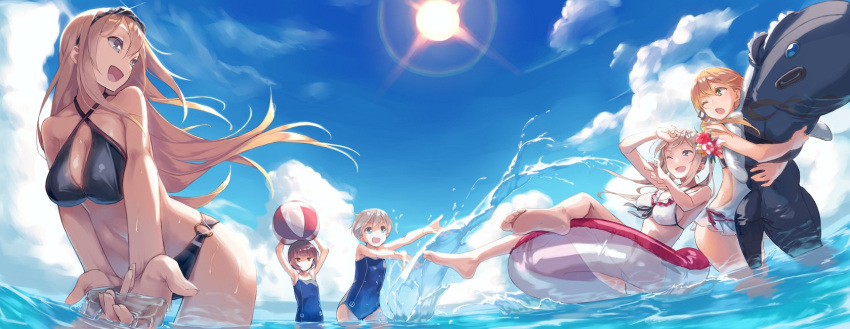6+girls :d ;d ;o armpits arms_up ball bare_arms bare_shoulders barefoot beachball bikini bismarck_(kantai_collection) black_bikini black_ribbon blonde_hair blue_eyes blue_sky blue_swimsuit breasts brown_eyes brown_hair casual_one-piece_swimsuit clouds cowboy_shot criss-cross_halter day floating_hair flower full_body glint goggles goggles_on_head graf_zeppelin_(kantai_collection) green_eyes hair_flower hair_ornament hair_ribbon halter_top halterneck highres holding_ball horizon inflatable_dolphin inflatable_toy innertube kantai_collection large_breasts light_rays long_hair low_twintails multiple_girls o-ring_bottom o-ring_top ocean one-piece_swimsuit one_eye_closed open_mouth outstretched_arms prinz_eugen_(kantai_collection) red_flower ribbon short_hair sideboob sidelocks silver_hair sitting sky small_breasts smile soles splashing summer swimsuit thighs toes transparent twintails very_long_hair wading water white_bikini white_swimsuit wind yomo_(majidon) z1_leberecht_maass_(kantai_collection) z3_max_schultz_(kantai_collection)