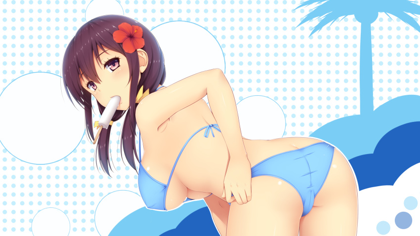 1girl ass bent_over bikini blue_bikini blush breasts brown_eyes brown_hair butt_crack flower food_in_mouth hair_flower hair_ornament hibiscus highres large_breasts long_hair looking_back low_twintails mijinko_(rioriorio) original popsicle solo swimsuit twintails under_boob