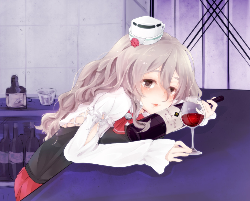 1girl bottle cointreau cup drinking_glass grey_eyes grey_hair hair_between_eyes hat highres holding kantai_collection leaning_forward long_hair parted_lips pleated_skirt pola_(kantai_collection) red_skirt sitting skirt sleeves_past_wrists solo wavy_hair white_hat wine_bottle wine_glass