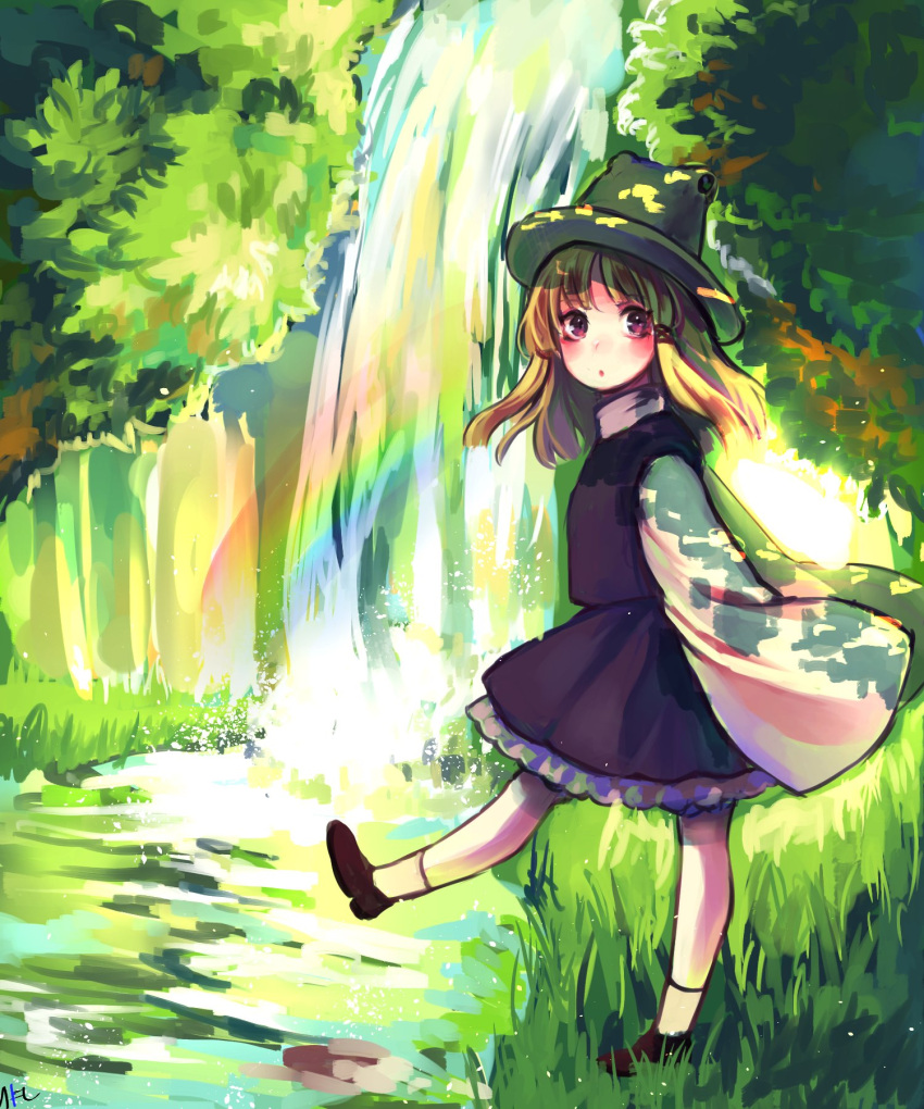 1girl blonde_hair blush brown_shoes colorful dappled_sunlight day frilled_skirt frills from_side grass hair_ribbon highres long_hair long_sleeves looking_at_viewer looking_to_the_side moriya_suwako nature parted_lips purple_skirt purple_vest rainbow reflection ribbon shoes skirt skirt_set socks solo stream sunlight tis_(shan0x0shan) touhou tree turtleneck walking water water_drop waterfall white_legwear wide_sleeves
