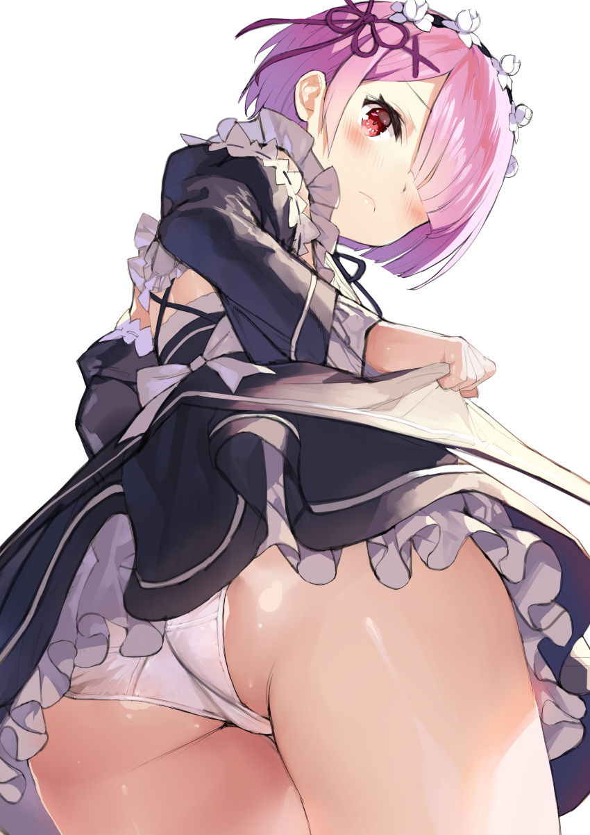 1girl :( absurdres ass blush commentary_request detached_sleeves frills from_below hair_ornament hair_over_one_eye hairband highres looking_at_viewer looking_back looking_down matsui_hiroaki panties pink_hair ram_(re:zero) re:zero_kara_hajimeru_isekai_seikatsu red_eyes short_hair simple_background solo underwear white_background white_panties x_hair_ornament