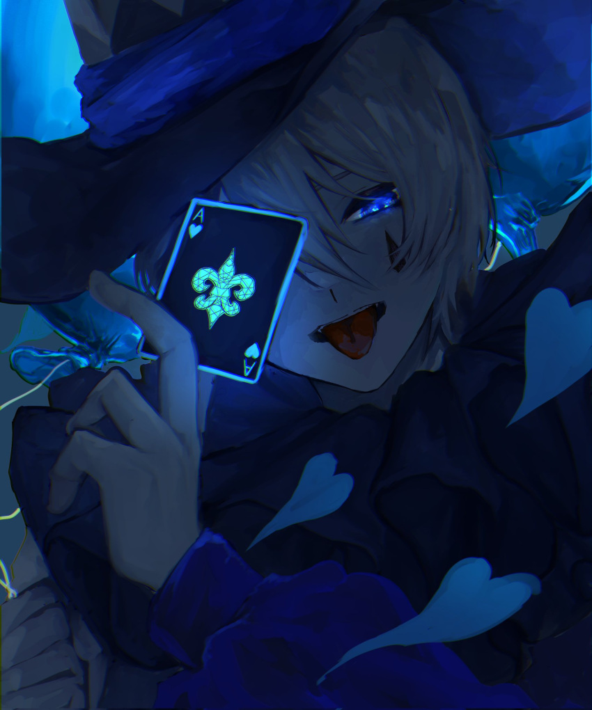 1girl blue_headwear blue_theme card envy_baby_(vocaloid) glowing glowing_eye hat heart highres holding holding_card limited_palette nijisanji nijisanji_kr oh_jiyu one_eye_covered open_mouth playing_card sayu_(yyyyy_vt) silver_hair solo tongue tongue_out virtual_youtuber