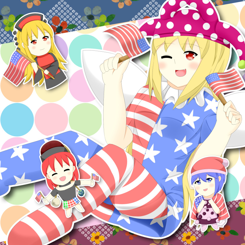 4girls baku blonde_hair blue_eyes blue_hair blush clownpiece doremy_sweet dress earth_(ornament) flag floral_background flower hands hat hecatia_lapislazuli highres junko_(touhou) legacy_of_lunatic_kingdom leorda long_hair long_sleeves looking_at_viewer moon_(ornament) multiple_girls open_mouth pantyhose red_eyes redhead reo ribbon shirt short_hair smile touhou wings