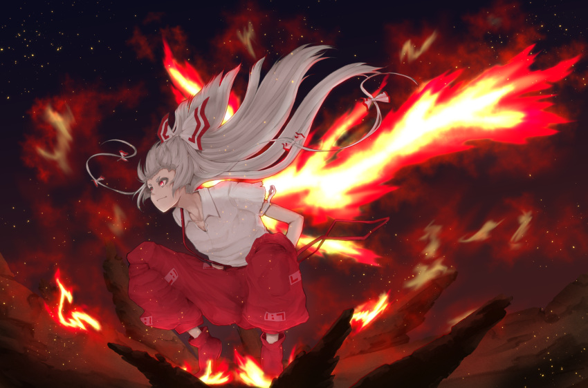 1girl bow collared_shirt colored_eyelashes embers fiery_wings fire flat_chest fujiwara_no_mokou ground_shatter hair_bow hands_in_pockets highres long_hair looking_afar neck night night_sky pants red_eyes red_pants red_shoes shirt shoes short_sleeves silver_hair sky smile solo star_(sky) surume_(kvpsurume) suspenders taking_off talismans torn_clothes torn_sleeves touhou very_long_hair white_shirt