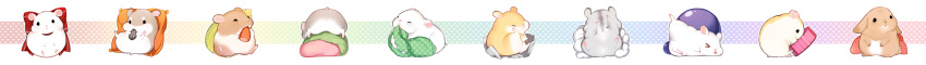 &gt;_&lt; berry biting black_eyes bottle_cap bow carrot closed_eyes confused food fruit gradient gradient_background hamster heart highres holding holding_food leaf long_image looking_at_viewer no_humans nut_(food) odd_one_out original pillow rabbit rainbow_order red_bow sakura_mochi scratching_cheek scratching_head strawberry tripping wagashi white_background wide_image wrapper youli_(yori)