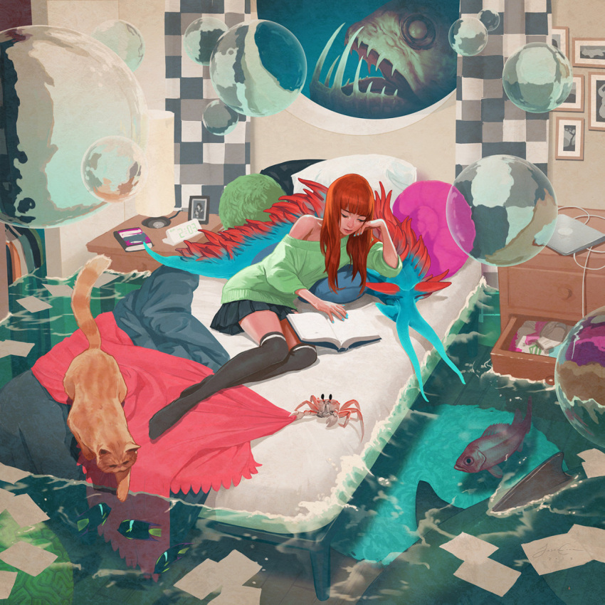 1girl alarm_clock anglerfish artist_name bangs bed bed_sheet bedroom black_legwear blue_skirt blunt_bangs book bubble cat clock computer copyright_request crab creature digital_clock fantasy fish fish_request fishbowl full_body highres indoors jason_chan laptop long_hair lying messy_room notebook off_shoulder on_bed on_side open_book orange_hair photo_(object) picture_(object) picture_frame reading shark signature skirt solo sweater thigh-highs water what zettai_ryouiki