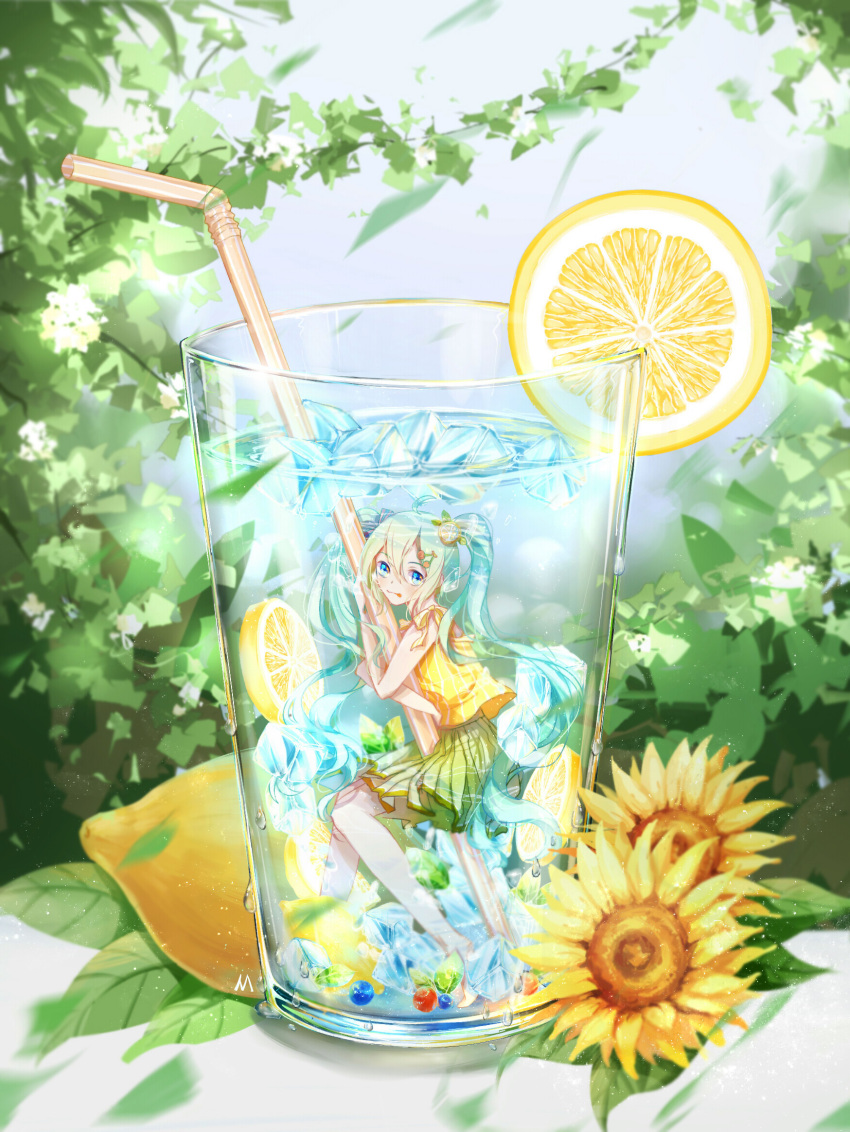 1girl air_bubble aqua_hair barefoot bendy_straw bent_knees blouse blue_eyes catsir cherry_hair_ornament cup drink drinking_glass drinking_straw facing_viewer floating_object flower food food_themed_hair_ornament from_side fruit full_body glass gradient_hair green_skirt hair_ornament hatsune_miku highres ice ice_cube in_container in_cup leaf lemon long_hair looking_at_viewer minigirl multicolored_hair object_hug orange orange_slice outdoors pleated_skirt scared skirt solo star star-shaped_pupils striped submerged summer sunflower symbol-shaped_pupils twintails vertical_stripes very_long_hair vocaloid water water_drop wavy_mouth wet wet_clothes yellow_blouse