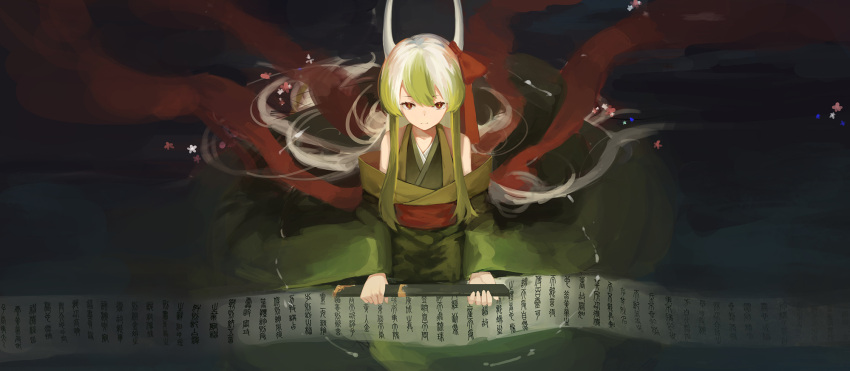 1girl alternate_costume bare_shoulders dark ex-keine from_above ginryuu green_hair highres horn_ribbon horns japanese_clothes kamishirasawa_keine kimono long_hair long_sleeves looking_at_viewer multicolored_hair obi off_shoulder partially_submerged red_eyes ribbon sash scroll silver_hair sitting solo touhou two-tone_hair water wide_sleeves