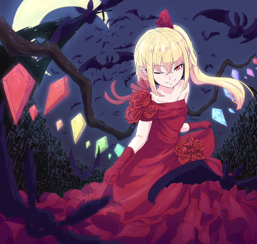 1girl alternate_costume bare_shoulders bat blonde_hair crescent_moon crystal curtsey dress elbow_gloves flandre_scarlet flower gloves hair_ribbon hakuro109 highres looking_at_viewer moon night night_sky off-shoulder_dress off_shoulder one_eye_closed pointy_ears red_dress red_eyes red_gloves ribbon rose side_ponytail skirt_hold sky smirk solo touhou wings