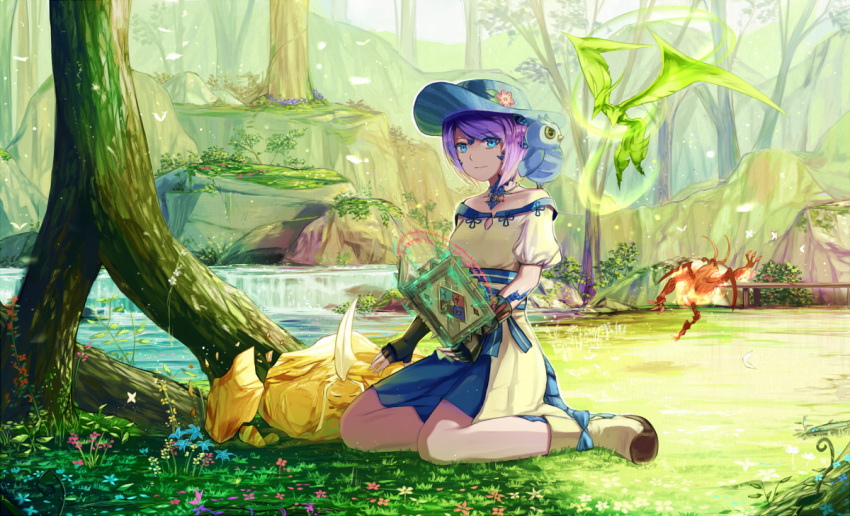 1girl animal animal_on_shoulder au_ra bangs bird bird_on_shoulder black_gloves blue_eyes blue_hat book boots creature dragon_tail dress facial_mark final_fantasy final_fantasy_xiv fingerless_gloves flower full_body gloves grimoire hat hat_flower jewelry light_smile looking_at_viewer magic monster natsumoka nature necklace no_socks off-shoulder_dress off_shoulder on_ground open_book original outdoors owl puffy_short_sleeves puffy_sleeves purple_hair river runes sash scales scenery short_hair short_sleeves sitting solo swept_bangs tail tree wariza water
