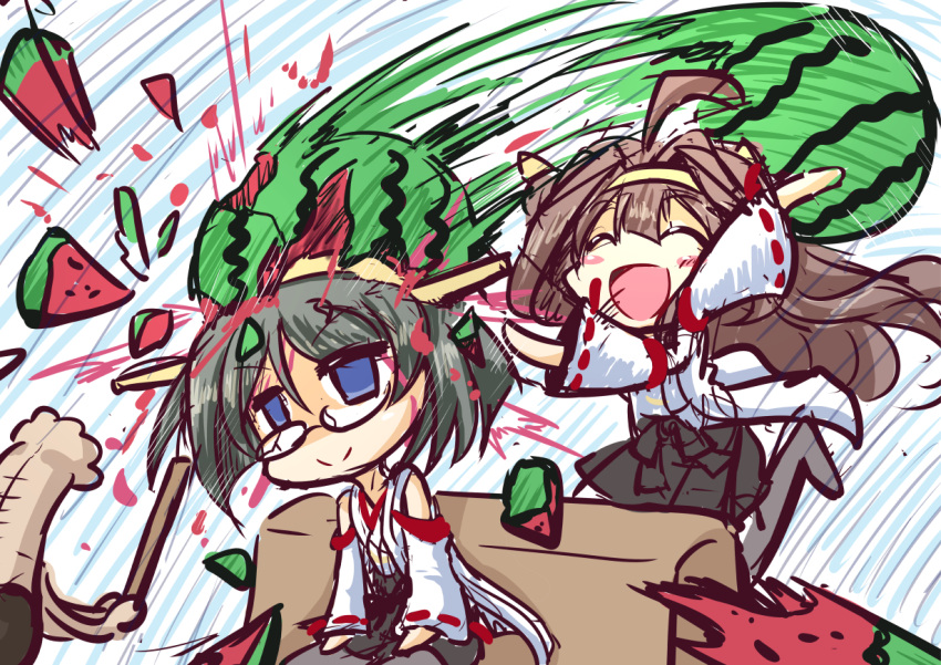 2girls ^_^ ahoge black_hair blue_eyes blush_stickers brown_hair chibi closed_eyes d.a empty_eyes food fruit geoduck glasses hairband kantai_collection kirishima_(kantai_collection) kongou_(kantai_collection) long_hair multiple_girls nontraditional_miko open_mouth pantyhose short_hair sitting sitting_on_person skirt smile suikawari thigh-highs watermelon you're_doing_it_wrong