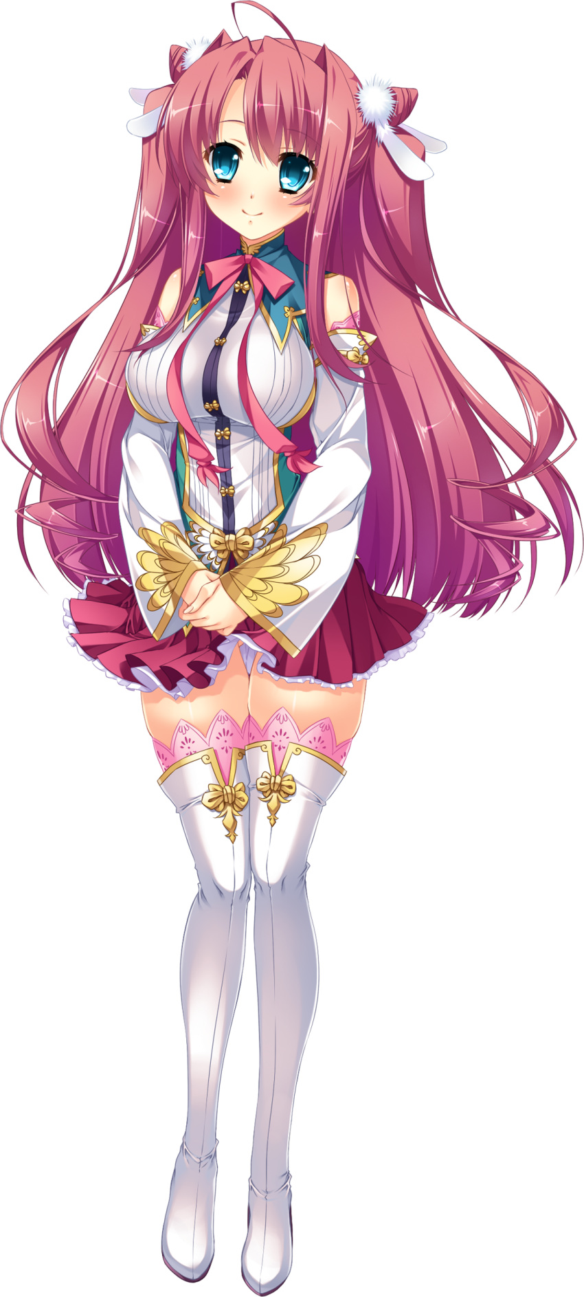 1girl absurdres blue_eyes blush boots breasts feathers full_body highres katagiri_hinata koihime_musou large_breasts long_hair looking_at_viewer petals pink_hair pleated_skirt ribbon ryuubi simple_background skirt smile solo standing thigh-highs thigh_boots thigh_gap transparent_background very_long_hair weapon white_background zettai_ryouiki