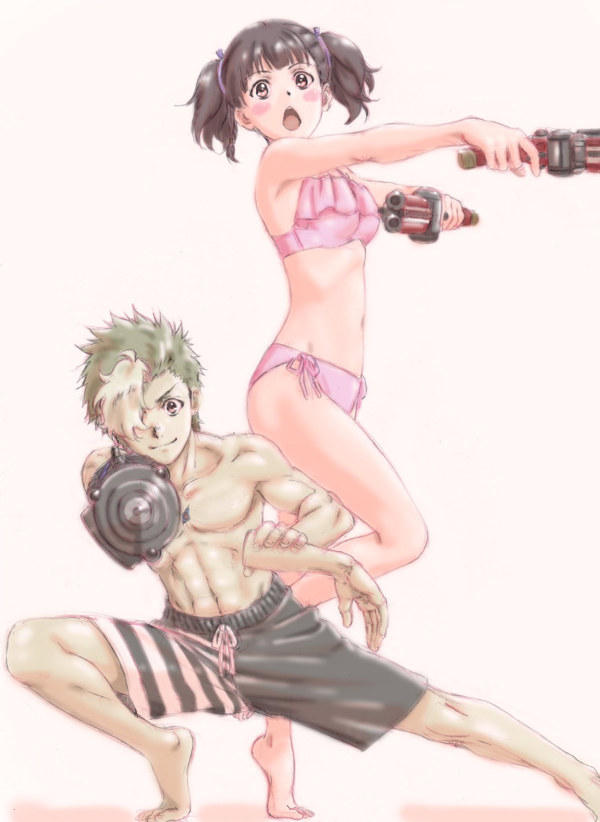 &gt;:) 1boy 1girl alternate_hairstyle asano_kyouji barefoot bikini blush_stickers breasts dual_wielding from_side hair_over_one_eye hair_ribbon highres ikoma_(kabaneri) jpeg_artifacts koutetsujou_no_kabaneri male_swimwear mumei_(kabaneri) navel official_art open_mouth pink_bikini ribbon shirtless side-tie_bikini simple_background standing standing_on_one_leg swim_trunks swimsuit swimwear twintails water_gun