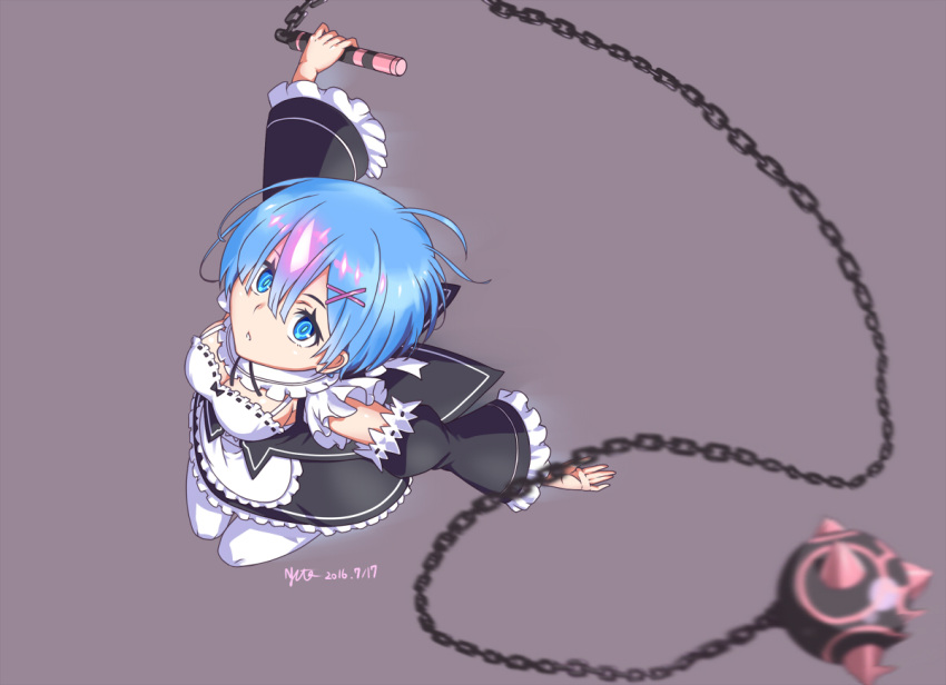 1girl blue_eyes blue_hair detached_sleeves maid nishiumi_yuuta re:zero_kara_hajimeru_isekai_seikatsu rem_(re:zero) short_hair solo weapon white_legwear x_hair_ornament