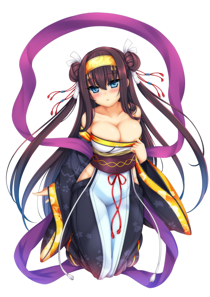 1girl :&lt; black_hair blue_eyes blush breasts cleavage commentary_request double_bun hair_ribbon headband highres kneeling large_breasts long_hair obi playjoe2005 ribbon rinne_(sennen_sensou_aigis) sash sennen_sensou_aigis solo transparent_background two_side_up very_long_hair white_background wide_sleeves