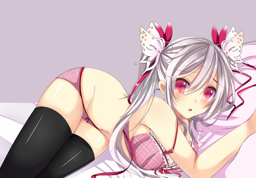 1girl bed black_legwear bloodcatblack blush bow bow_panties bra breasts butterfly_hair_ornament hair_ornament long_hair lying on_side open_mouth original panties pillow pink_eyes pink_panties plaid plaid_bra plaid_panties revision silver_hair solo strap_slip thighhighs twintails underwear underwear_only