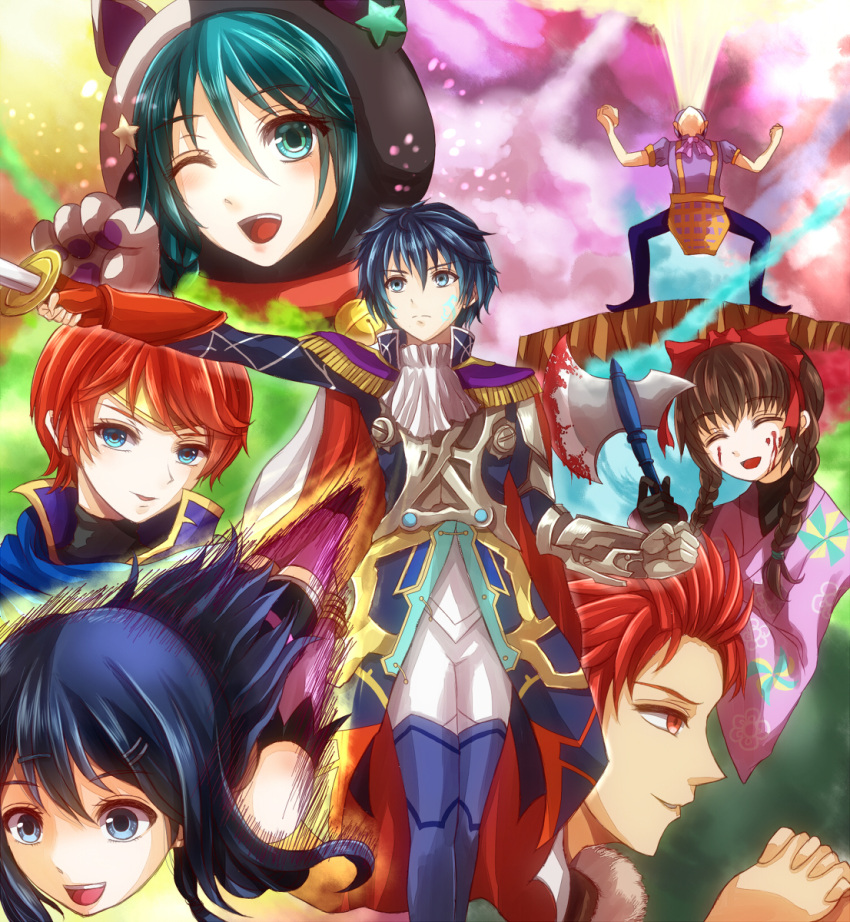 aoi_itsuki artist_request ass atlus blue_hair breasts female genei_ibunroku_#fe green_hair idol kurono_kiria long_hair multiple_boys multiple_girls nintendo oribe_tsubasa smile weapon