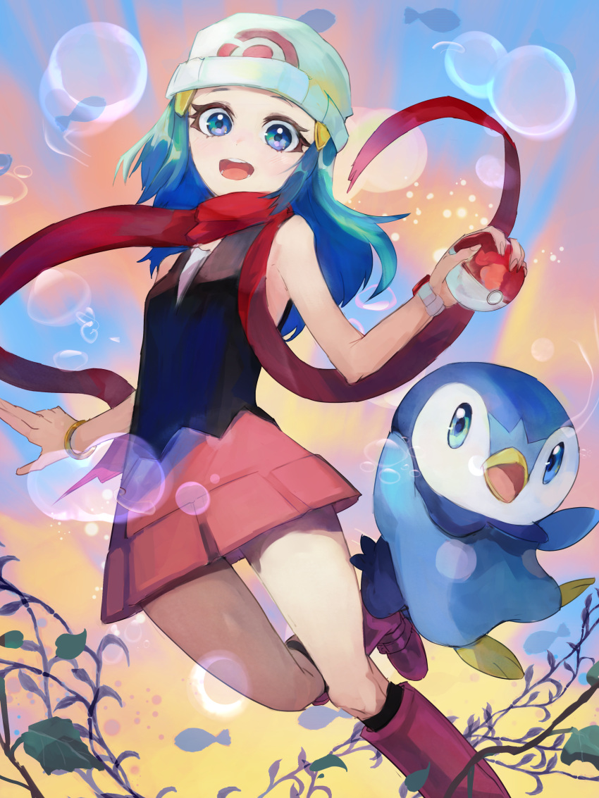 absurdres beanie black_legwear blue_eyes blue_hair bubble commentary_request hikari_(pokemon) fish gen_4_pokemon hat highres holding holding_poke_ball huge_filesize jewelry kashioreo long_hair open_mouth pink_skirt piplup poke_ball pokemon pokemon_(creature) pokemon_(game) pokemon_bdsp pokemon_dppt red_footwear red_scarf scarf shirt skirt sleeveless smile solo thighs white_headwear wristband