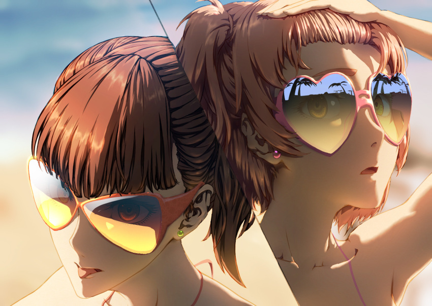 2girls bangs bare_shoulders blunt_bangs brown_eyes brown_hair collarbone earrings eyelashes face glasses hand_in_hair hand_on_head heart-shaped_sunglasses highres jay_zhang jewelry looking_at_viewer multiple_girls original pink_hair ponytail siblings side_ponytail sisters stud_earrings sunglasses tongue tongue_out twins yellow_eyes