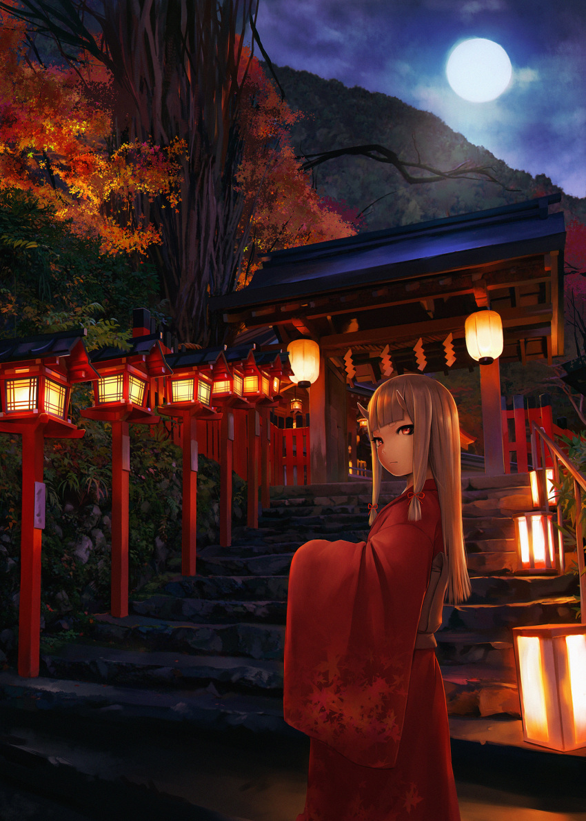 1girl architecture autumn_leaves bangs blunt_bangs closed_mouth east_asian_architecture frown full_moon gate grass hair_ornament hair_ribbon highres horns hotateyuki japanese_clothes kimono kyoto lantern leaf leaf_print long_hair looking_at_viewer maple_leaf moon mountain night night_sky obi oni oni_horns original outdoors paper_lantern railing red_eyes red_kimono red_ribbon ribbon rope sash shide shimenawa shinto short_eyebrows shrine sidelocks silver_hair sky solo stairs standing straight_hair torii tree tress_ribbon