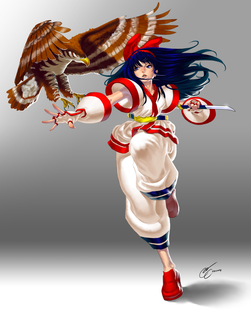 1girl absurdres ainu_clothes baggy_pants bird blue_eyes blue_hair bow commentary fingerless_gloves flats full_body gloves grey_background hair_bow hairband hawk highres knife lips long_hair mamahaha nakoruru nose outstretched_arm pants realistic red_bow red_shoes reverse_grip running samurai_spirits shoes solo super_bull weapon