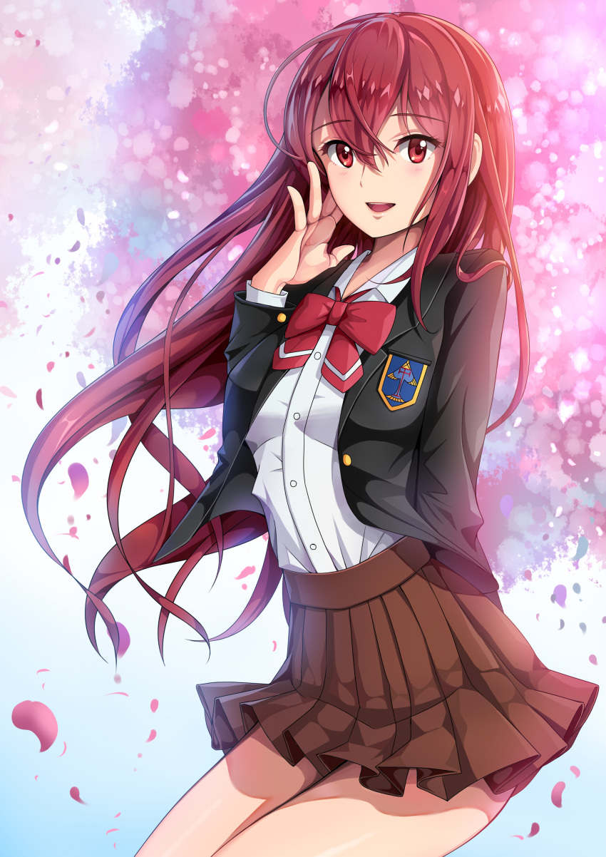 1girl absurdres arm_behind_back blush breasts hair_down highres jacket long_hair looking_at_viewer matsuoka_gou miniskirt open_mouth petals pleated_skirt red_eyes redhead school_uniform skirt smile solo tree yumiyokiak