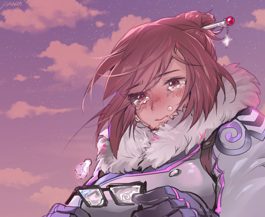 1girl artist_name bangs beads black-framed_eyewear blue_gloves blush clouds cloudy_sky coat crying crying_with_eyes_open eyebrows eyebrows_visible_through_hair fur-lined_jacket fur_coat fur_trim glasses glasses_removed gloves hair_bun hair_ornament hair_stick highres holding holding_glasses mei_(overwatch) nose_blush overwatch panza parka sad short_hair sidelocks sky snowflake_hair_ornament solo star_(sky) starry_sky swept_bangs teardrop tears upper_body winter_clothes winter_coat