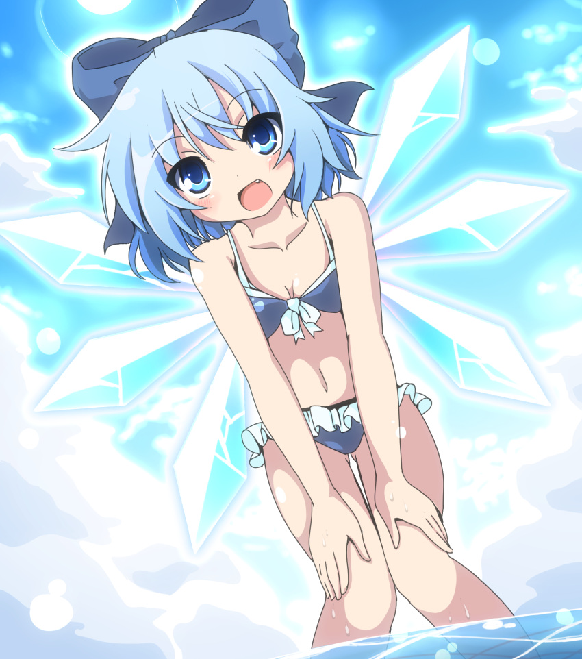 1girl :d bent_over bikini blue_bikini blue_eyes blue_hair blue_sky blush cirno clouds do_(4-rt) dutch_angle fang fangs hair_ribbon highres ice ice_wings looking_at_viewer midriff navel open_mouth partially_submerged ribbon short_hair sky smile solo swimsuit touhou wading water wet wings