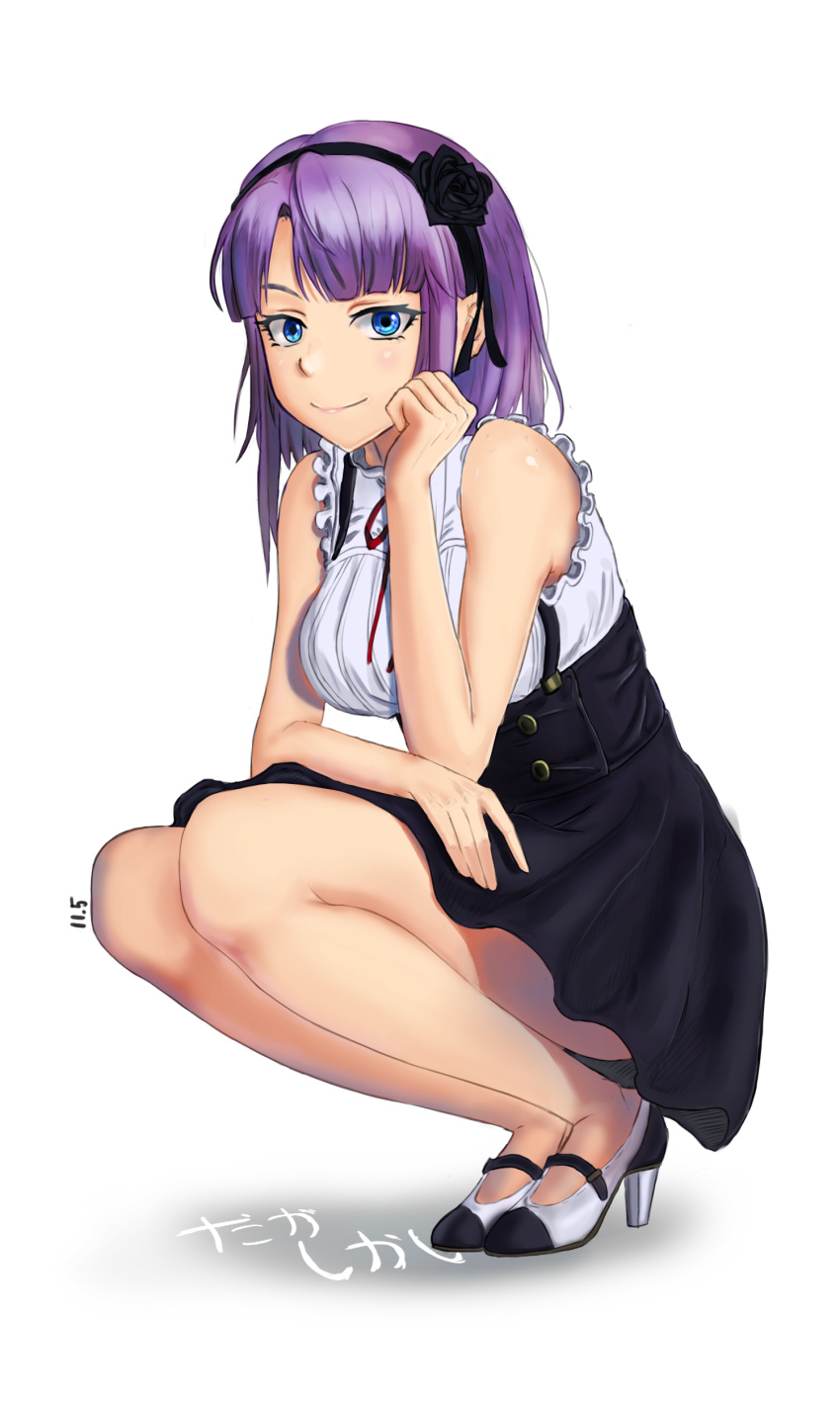 1girl absurdres b.c. bare_legs bare_shoulders black_rose blue_eyes dagashi_kashi dated flower frills hair_flower hair_ornament hairband high-waist_skirt high_heels highres looking_at_viewer no_legwear purple_hair rose shidare_hotaru short_hair skirt smile solo squatting suspender_skirt suspenders