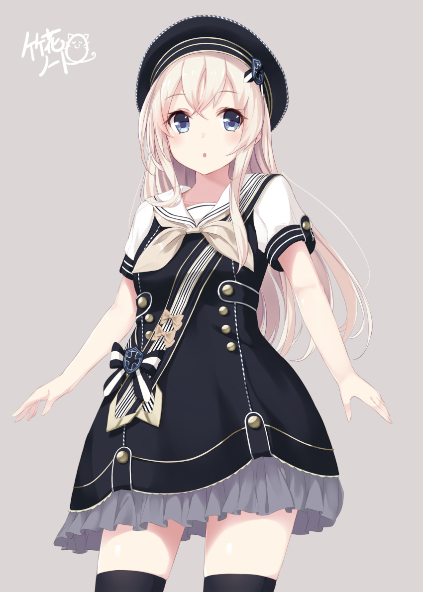 1girl adapted_costume alternate_costume artist_name black_legwear blonde_hair blue_eyes blush chestnut_mouth cosplay dress hat highres iron_cross kantai_collection long_hair lost_tree note_(aoiro_clip) open_mouth sailor_dress signature simple_background solo thigh-highs u-511_(kantai_collection) zettai_ryouiki