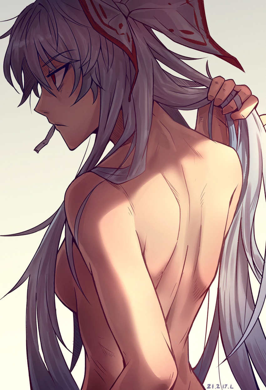 1girl back bow breasts cigarette dated from_side fujiwara_no_mokou gradient gradient_background hair_bow hair_censor hair_ribbon highres long_hair looking_to_the_side messy_hair multicolored multicolored_ribbon red_eyes red_ribbon ribbon royl shaded_face shirtless shoulder_blades sideboob simple_background solo touhou upper_body white_hair white_ribbon