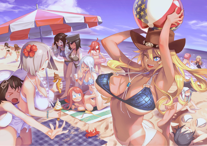 &gt;_&lt; 6+girls akitsu_maru_(kantai_collection) alternate_costume alternate_skin_color american_flag arms_up bad_id ball bare_arms bare_legs bare_shoulders barefoot beach beach_towel beach_umbrella beachball bikini bikini_top black_bikini black_eyes black_hair blonde_hair blouse blue_bikini blue_eyes blue_hair braid breasts brown_hair carrying_over_shoulder closed_eyes clouds cloudy_sky convenient_censoring cowboy_hat crab crop_top flag_print flower food frilled_bikini frills from_behind from_side green_bikini grey_bikini haguro_(kantai_collection) hair_between_eyes hair_flaps hair_flower hair_ornament hair_over_one_eye halter_top halterneck hamakaze_(kantai_collection) hat hayasui_(kantai_collection) hibiki_(kantai_collection) hibiscus highleg highleg_swimsuit highres holding_bag huge_breasts i-58_(kantai_collection) ice_cream incoming_hug iowa_(kantai_collection) kantai_collection katahira_(hiyama) kawakaze_(kantai_collection) kitakami_(kantai_collection) lifebuoy looking_at_another looking_to_the_side lying midriff multiple_girls navel ocean on_back on_stomach one-piece_swimsuit ooi_(kantai_collection) outstretched_arms outstretched_hand peaked_cap pervert pink_hair purple_swimsuit redhead ro-500_(kantai_collection) sand sand_sculpture school_swimsuit side-tie_bikini silver_hair single_braid sitting sitting_on_person sky sleeping small_breasts soles standing standing_on_one_leg star star-shaped_pupils swimsuit symbol-shaped_pupils tan tank_top tanline tears tenryuu_(kantai_collection) towel umbrella umikaze_(kantai_collection) under_boob untied untied_bikini uzuki_(kantai_collection) white_bikini white_blouse white_hat white_swimsuit