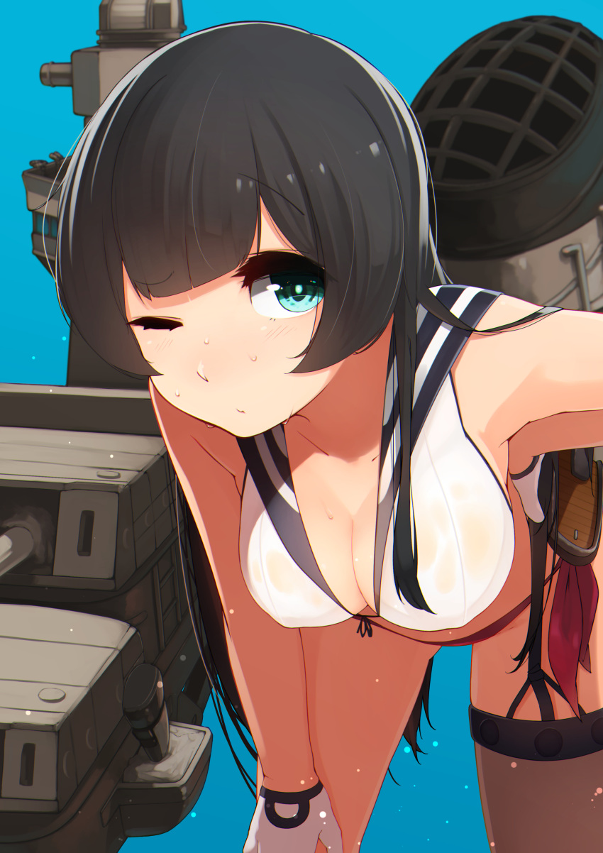 1girl absurdres agano_(kantai_collection) asymmetrical_legwear black_hair blush breasts cleavage garter_straps gloves green_eyes highres kantai_collection large_breasts leaning_forward long_hair looking_at_viewer one_eye_closed school_uniform see-through serafuku single_thighhigh solo suginoji thigh-highs wet wet_clothes white_gloves