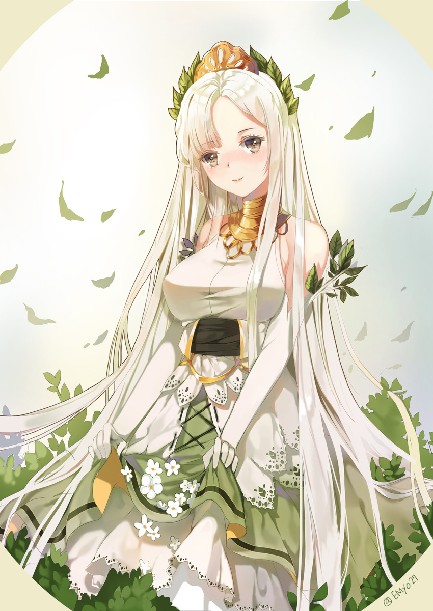 1girl bare_shoulders blush breasts crown dress elbow_gloves gloves highres long_hair looking_at_viewer original sleeveless sleeveless_dress smile solo white_gloves white_hair yumaomi