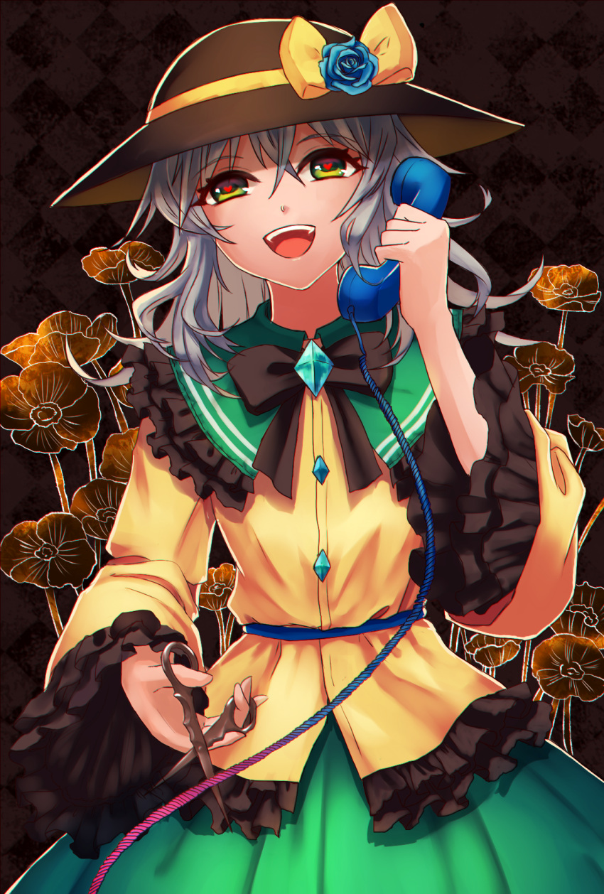 1girl floral_background flower green_eyes hat hat_ribbon heart heart-shaped_pupils highres komeiji_koishi long_sleeves nora_(le-chat-noir) open_mouth phone ribbon rose scissors shirt short_hair silver_hair skirt smile solo symbol-shaped_pupils touhou wide_sleeves