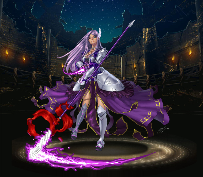 1girl armor armored_dress blue_eyes bracer breasts cleavage faulds fingerless_gloves full_body gloves glowing glowing_weapon greaves head_wings lavender_hair lips long_hair long_skirt magic magic_circle medium_breasts nose pelvic_curtain polearm purple_skirt realistic skirt solo spear super_bull tower_of_saviors valkyrie_(tower_of_saviors) weapon