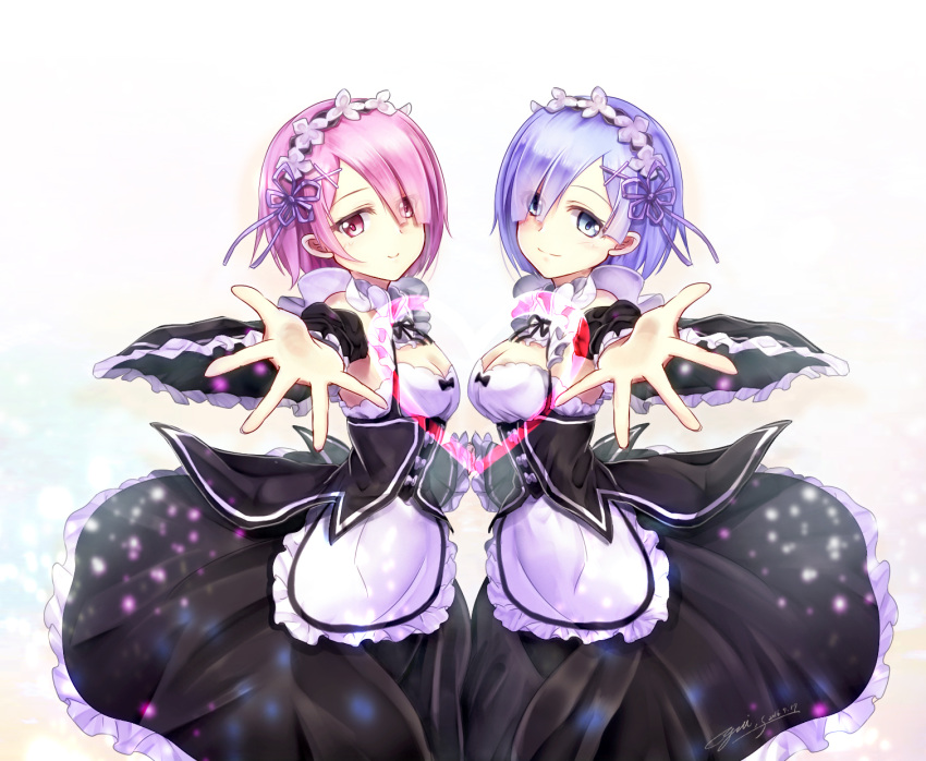 2016 2girls apron blue_eyes blue_hair bow breasts cleavage dated detached_sleeves dress eyes_visible_through_hair frilled_dress frilled_sleeves frills from_side hair_ornament hair_over_one_eye hand_holding heart highres looking_at_viewer maid maid_headdress medium_breasts multiple_girls outstretched_arms pink_eyes pink_hair ram_(re:zero) re:zero_kara_hajimeru_isekai_seikatsu rem_(re:zero) short_hair siblings signature sisters smile twins underbust wind x_hair_ornament yuitsuki1206