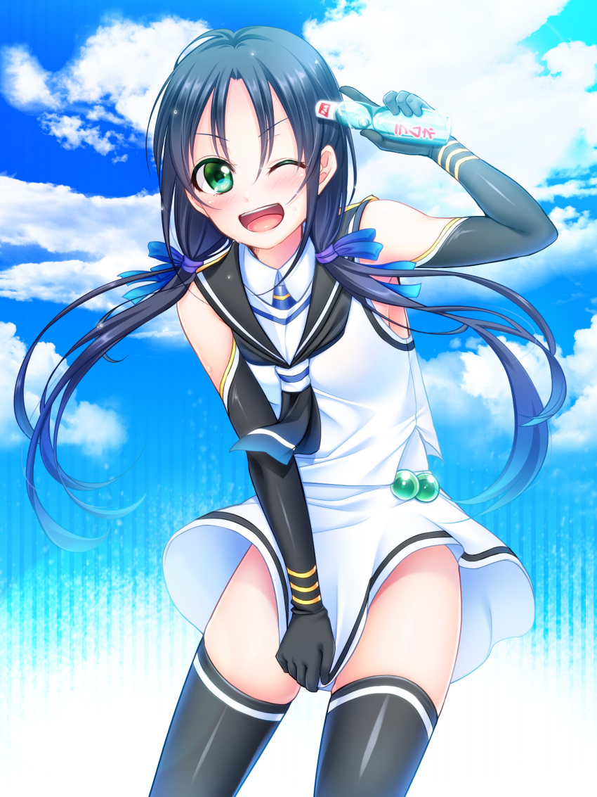 &gt;;d 1girl ;d armpits bare_shoulders black_gloves black_hair blue_hair blush bottle clouds cloudy_sky commentary_request elbow_gloves gloves gradient_hair green_eyes hair_ribbon highres holding_bottle kantai_collection kunsei_tamago leaning_forward long_hair looking_at_viewer low_twintails multicolored_hair neckerchief no_panties one_eye_closed open_mouth outdoors ramune ribbon school_uniform serafuku shirt skirt skirt_tug sky sleeveless sleeveless_shirt smile solo suzukaze_(kantai_collection) teeth thigh-highs twintails white_shirt white_skirt wind wind_lift
