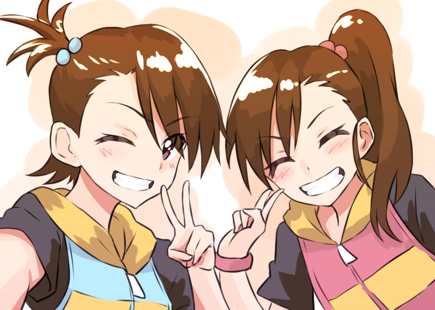 2girls brown_hair closed_eyes futami_ami futami_mami grin hair_bobbles hair_ornament idolmaster looking_at_viewer multiple_girls one_eye_closed self_shot shunichi siblings side_ponytail sisters sleeveless sleeveless_hoodie smile twins v violet_eyes wristband